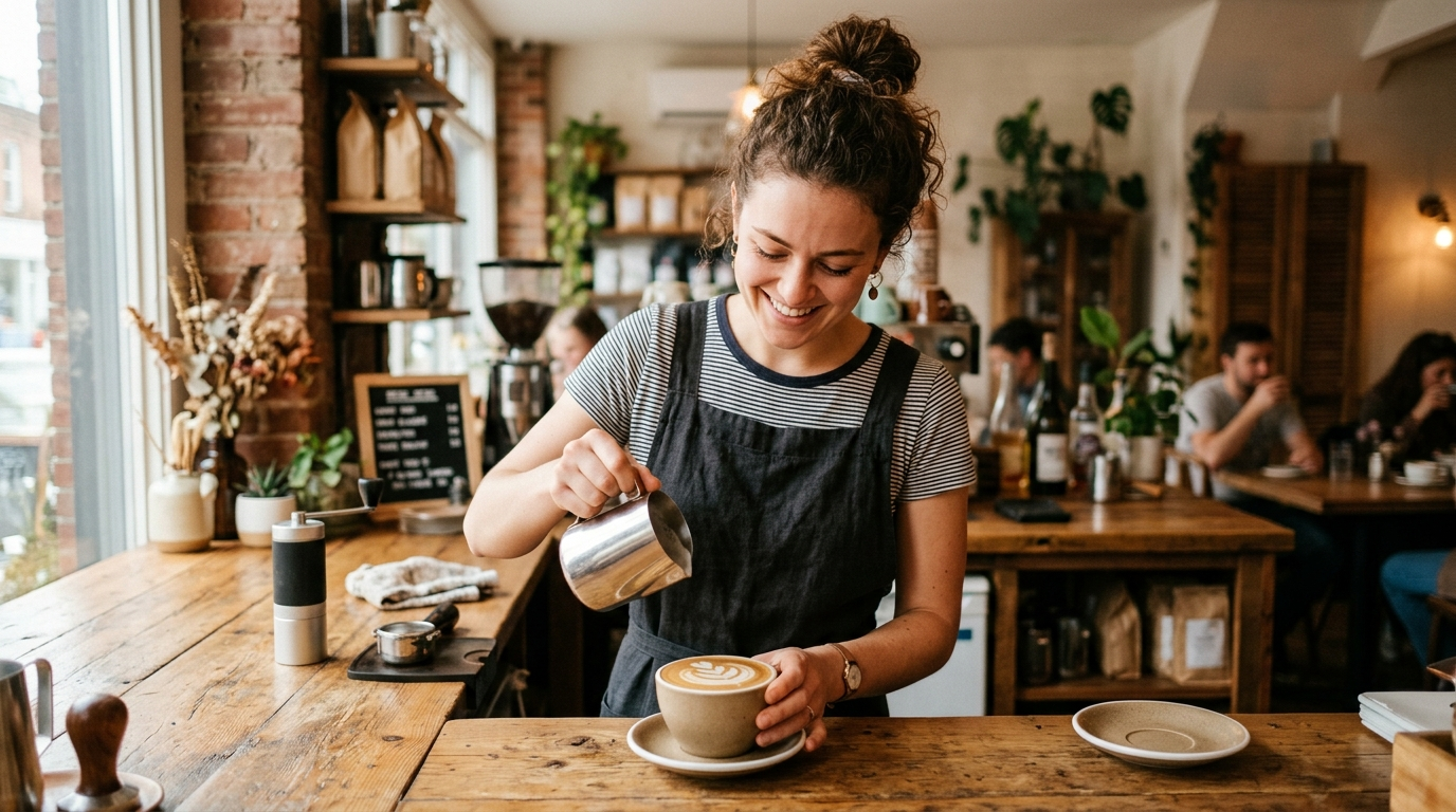 Barista pouring milk latte art into a coffee cup behind a warm wooden counter