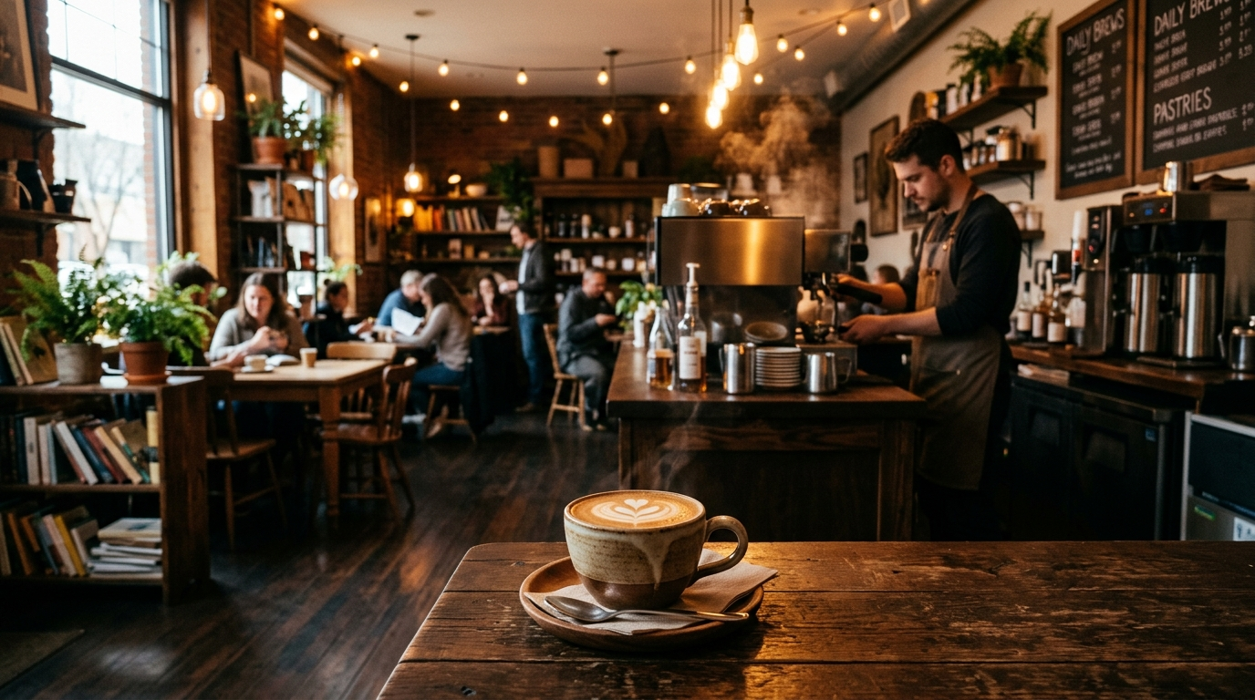 Warm neighborhood café interior with a freshly poured espresso on a wooden table