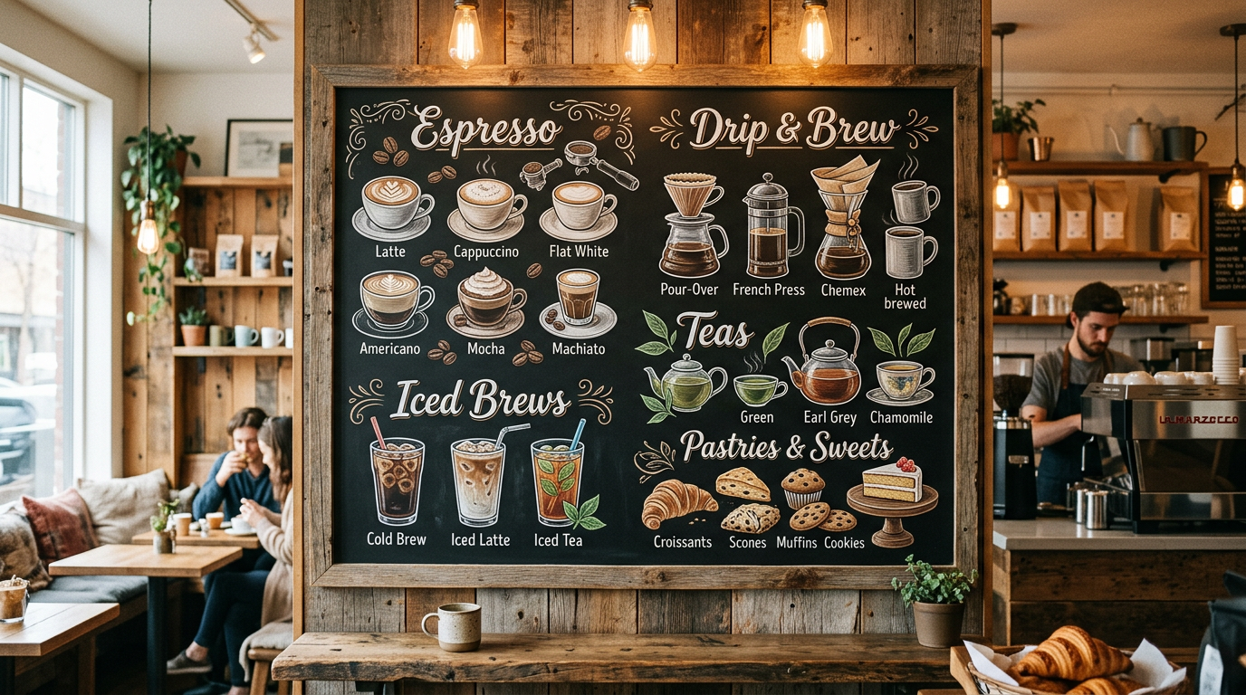 Coffee shop menu board with handcrafted coffee, tea, and bakery options