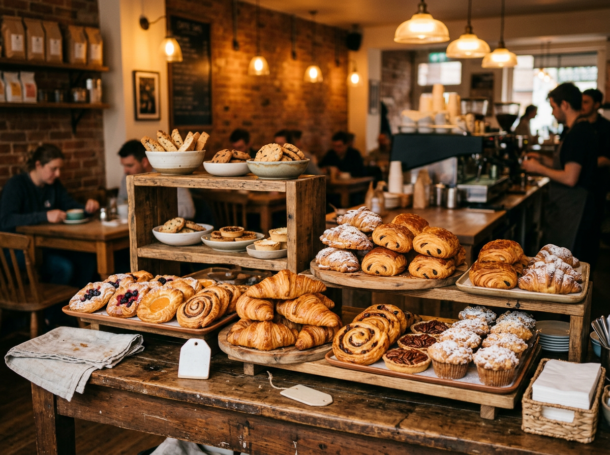 Fresh pastries and baked goods displayed on wooden trays with warm golden lighting